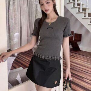 Miu Miu Grey Frayed Knit Short-Sleeve T-Shirt, Size S.